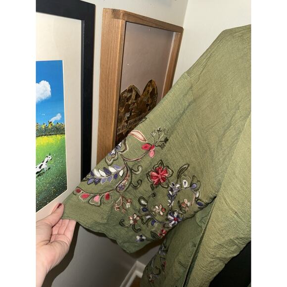 Three Bird Nest Embroidered Kimono Duster Womens O/S Green Boho Festival Resort - Picture 2 of 4